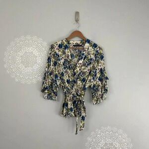 Zara Woman Blue Floral Kimono Boho V-Neck Wrap Top Size XS